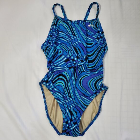 Dolphin Vintage Women’s Blue, Purple, Black Print One Piece, Racer Back Swimsuit - Picture 1 of 12